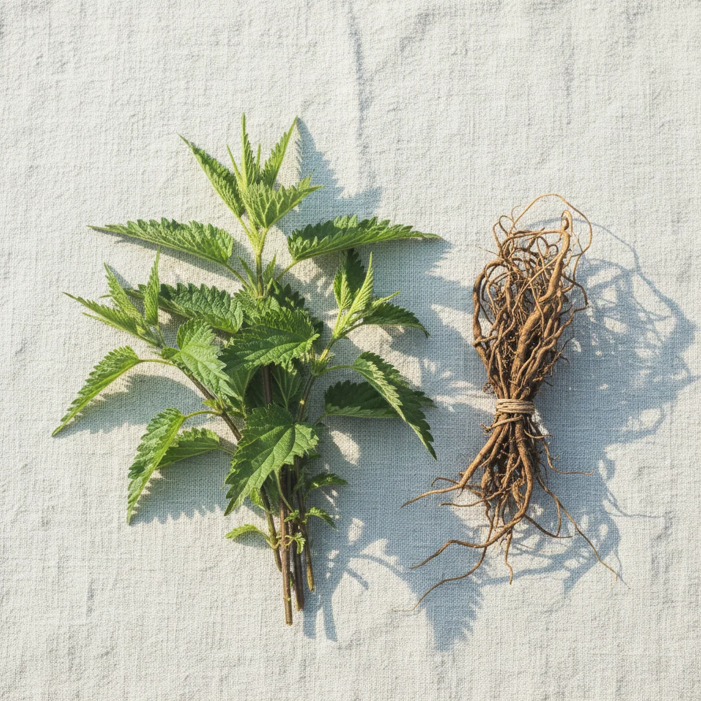 Brandnetelwortel capsules kopen - verse brandnetelplant en gedroogde wortel op linnen