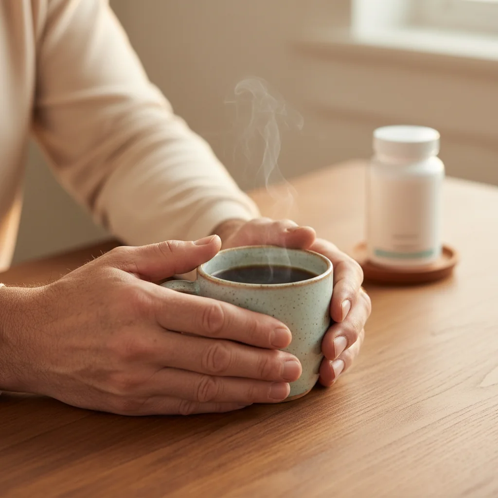 Mannenhanden (anonym) houden een kop ochtendkoffie vast - ochtendroutine voor mannen welzijn supplement